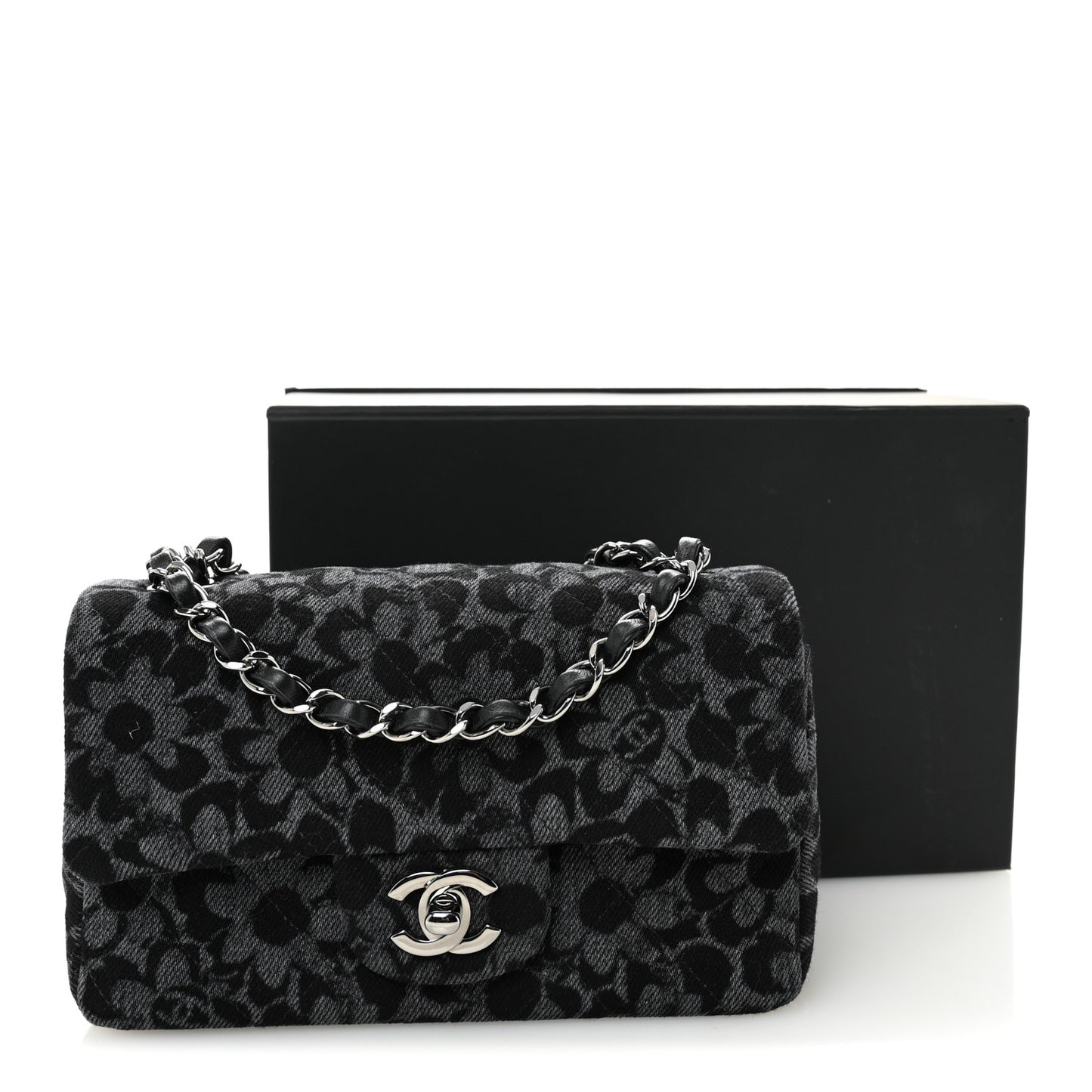 Printed Denim Quilted Flower Mini Rectangular Flap Black