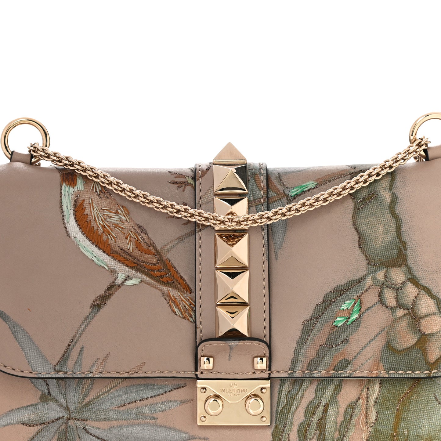 Vitello Embroidered Medium Glam Lock Rockstud Flap Beige