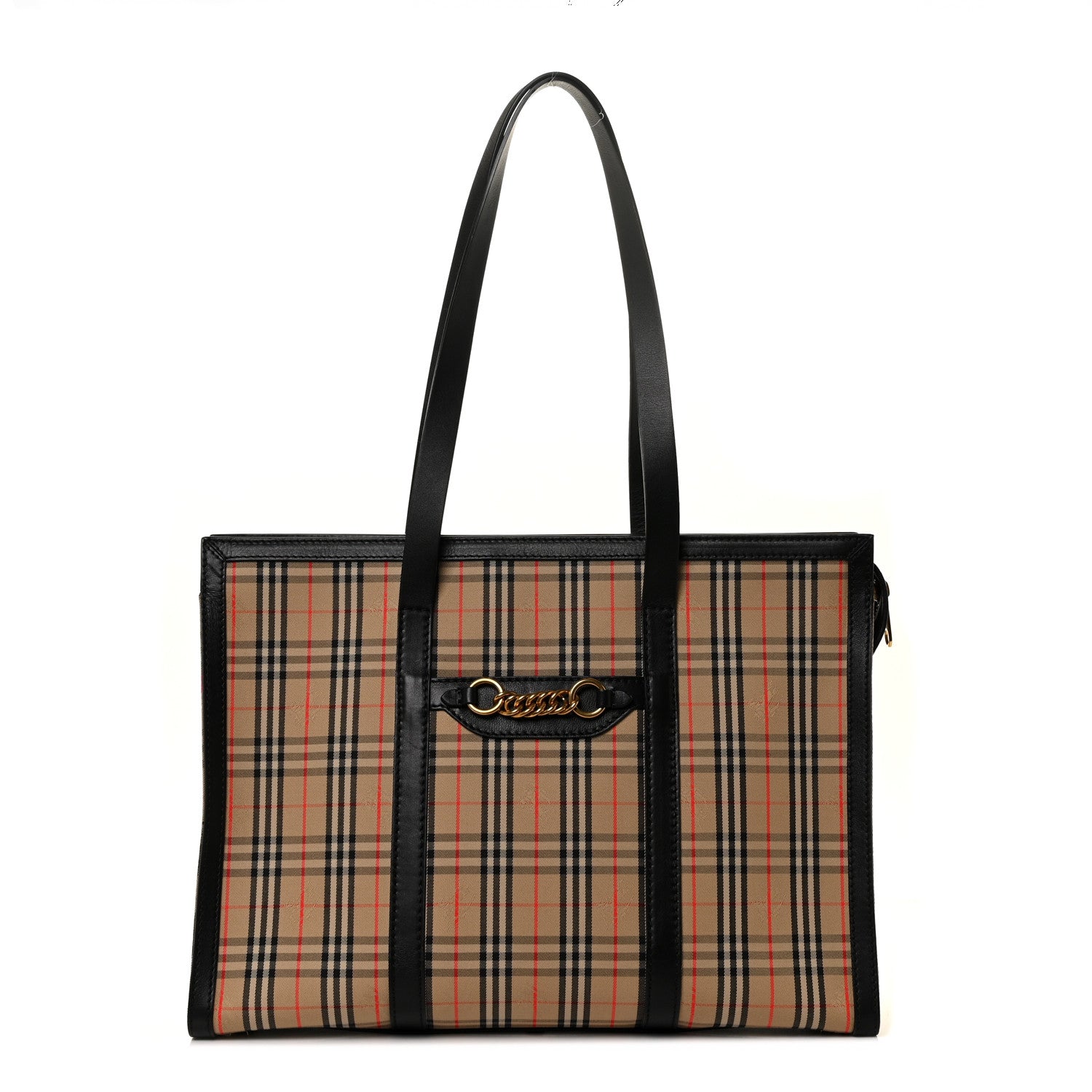 Burberry Calfskin 1983 Knight Check Link Zip Tote Black 1 of 9