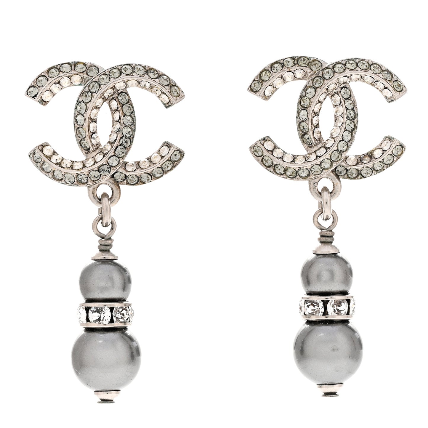 Crystal Pearl CC Drop Earrings Silver Grey