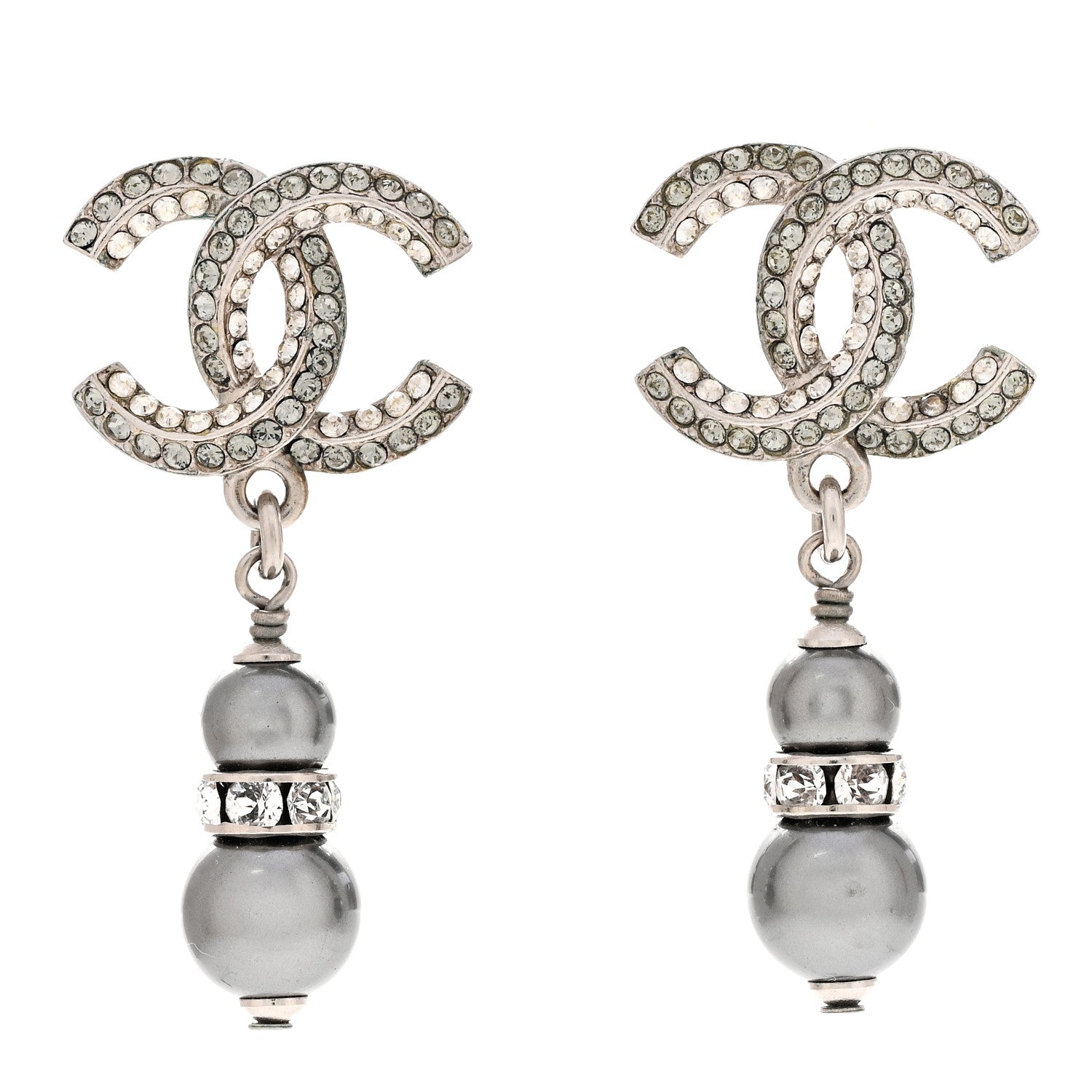 Chanel Crystal Pearl CC Drop Earrings Silver Grey 1 of 4