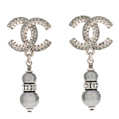 Chanel Crystal Pearl CC Drop Earrings Silver Grey 1 of 4