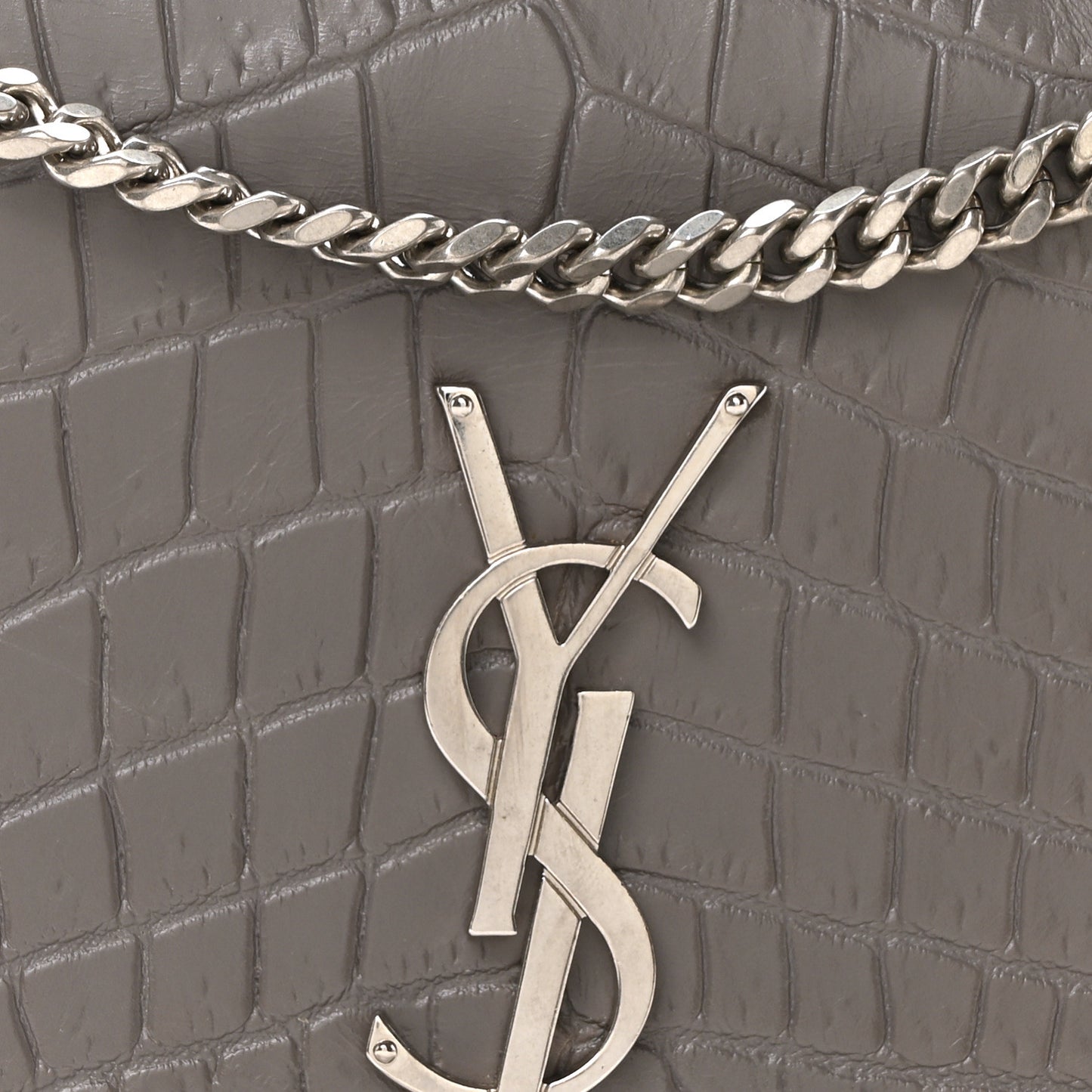 Calfskin Crocodile Embossed Medium Classic Monogram Kate Tassel Satchel Fog
