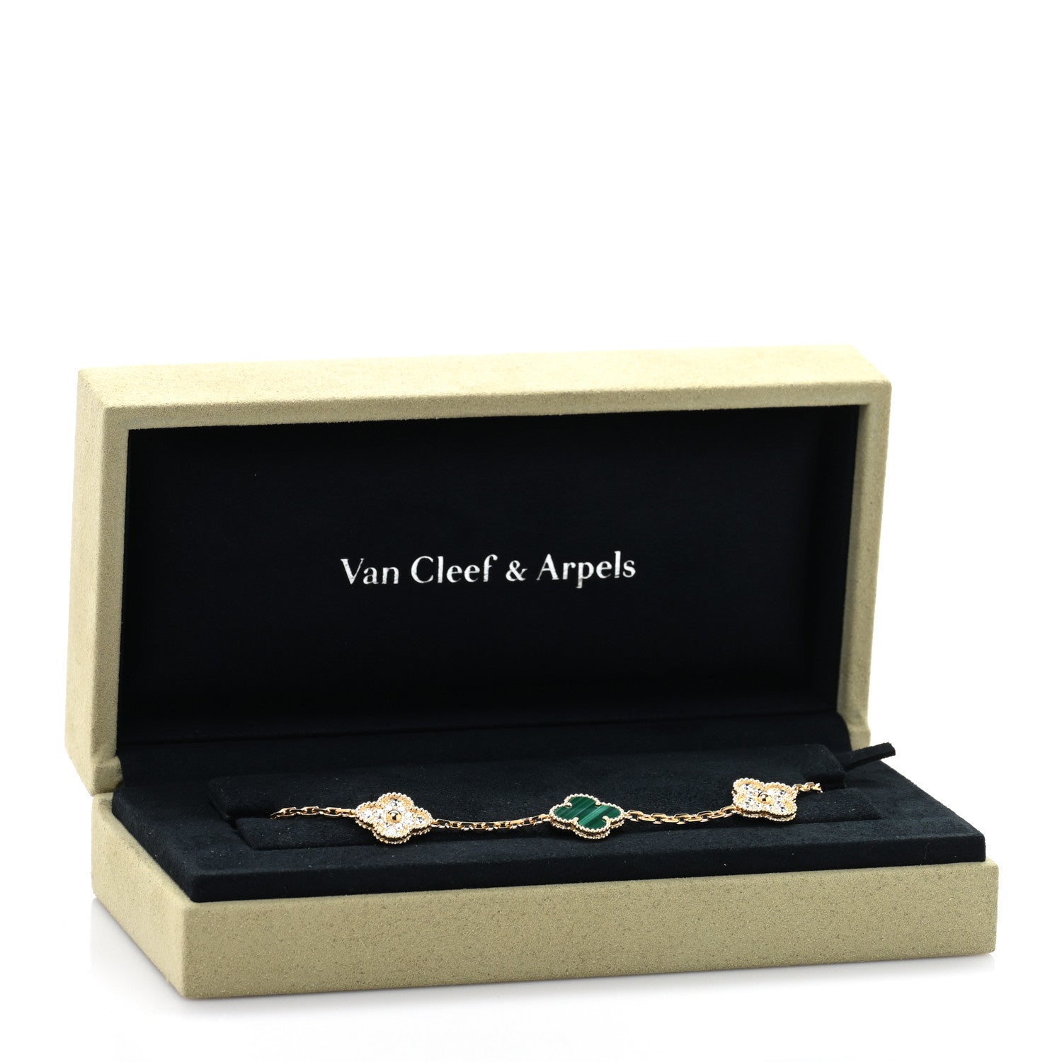 Van Cleef & Arpels 18K Yellow Gold Diamond Malachite 5 Motifs Vintage Alhambra Bracelet 4 of 4