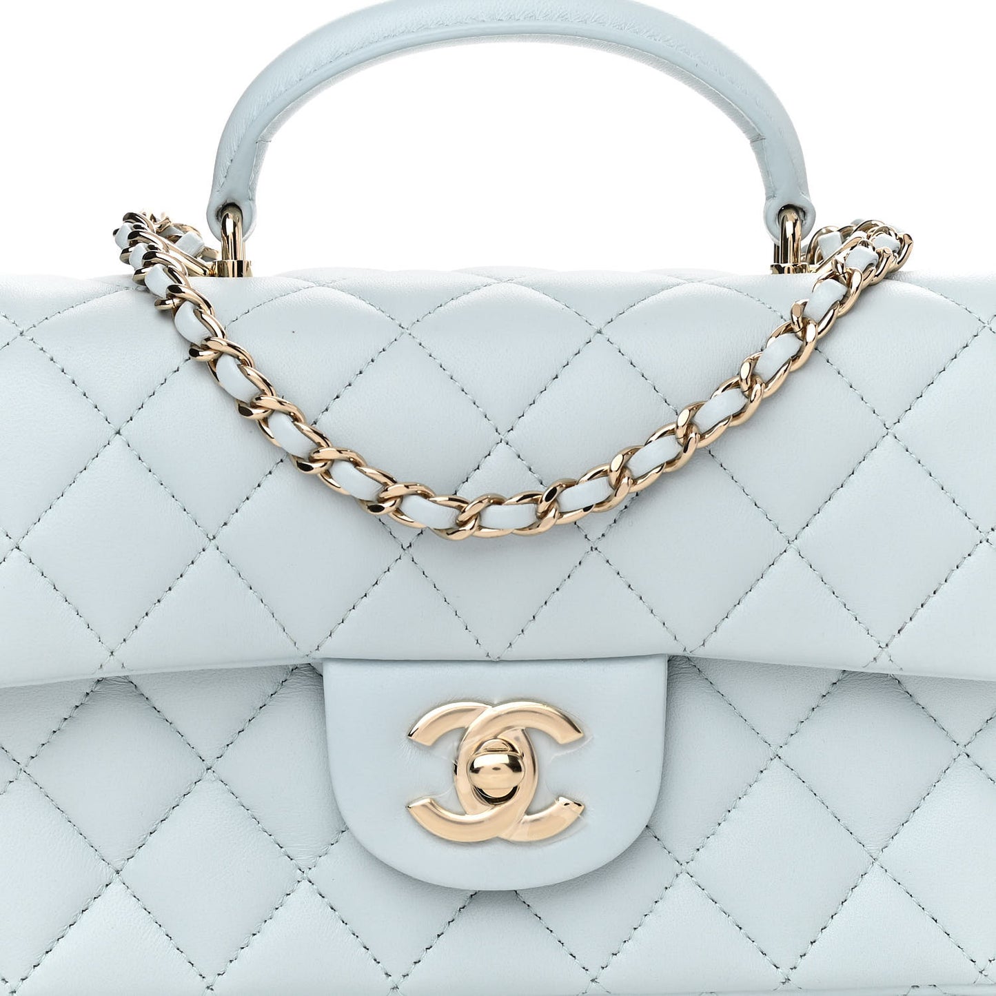 Lambskin Quilted Mini Top Handle Rectangular Flap Light Blue