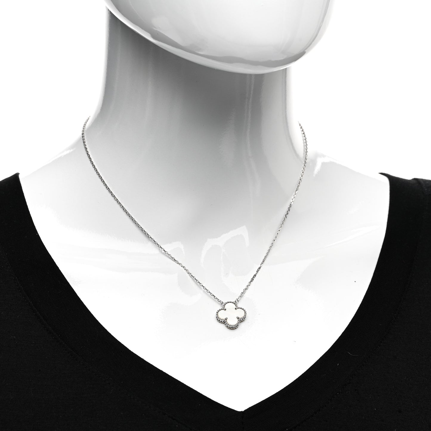 18K White Gold Mother Of Pearl Vintage Alhambra Pendant Necklace