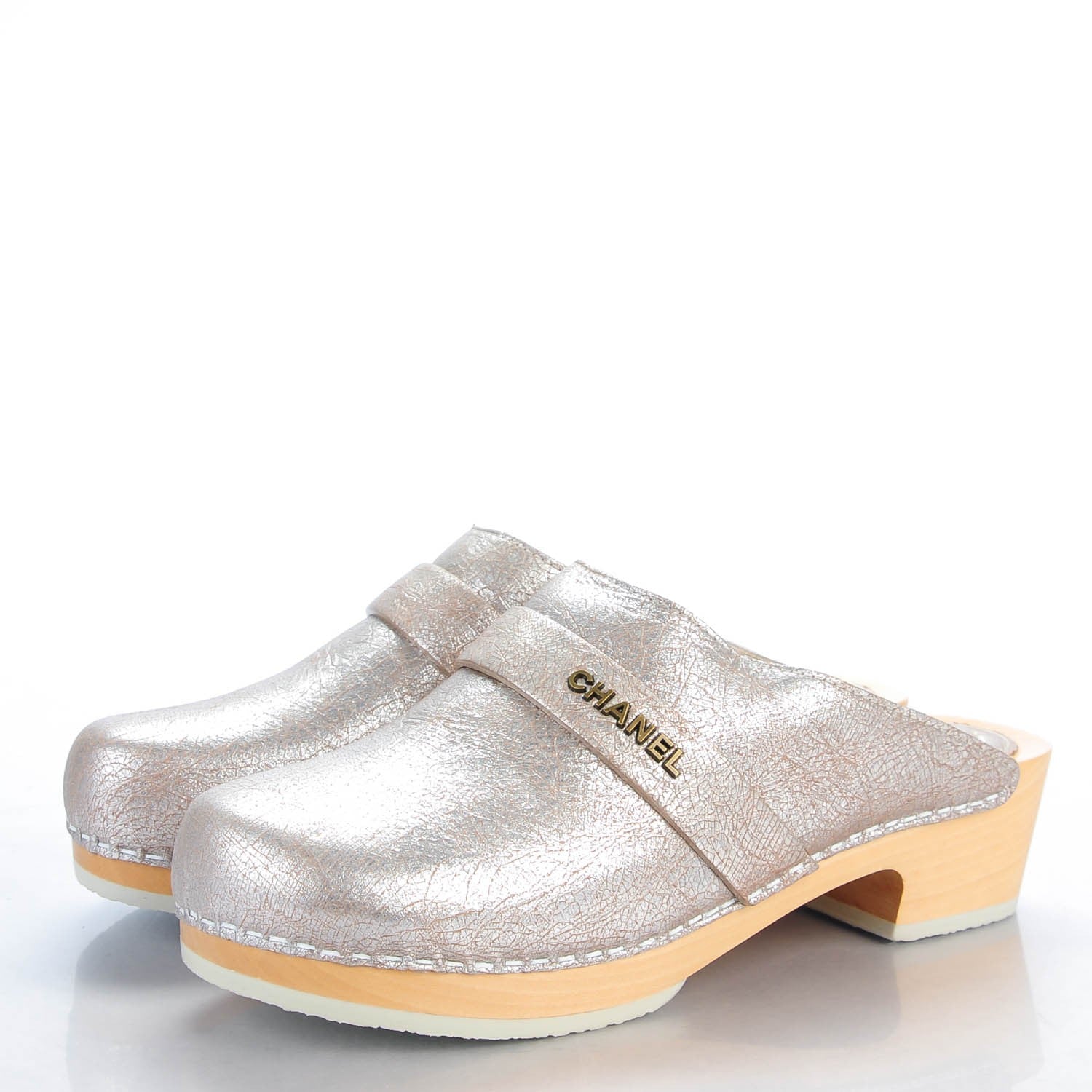 Chanel Metallic Crackled Leather Mules 37.5 Silver 3 of 9