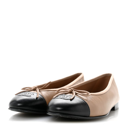 Chanel Lambskin Cap Toe CC Ballerina Flats 38.5 Beige Black 4 of 10