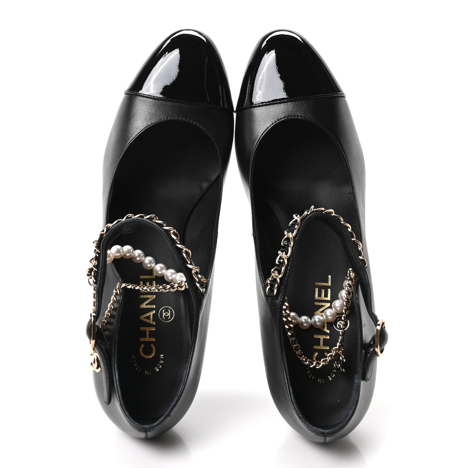 Chanel Shiny Lambskin Patent Calfskin Cap Toe Ankle Pearl Chain Pumps 39.5 Black 3 of 20