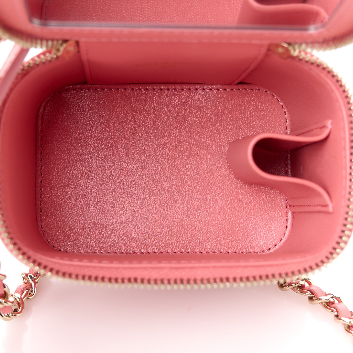Lambskin Quilted Crystal Top Handle Mini Vanity Case With Chain Coral