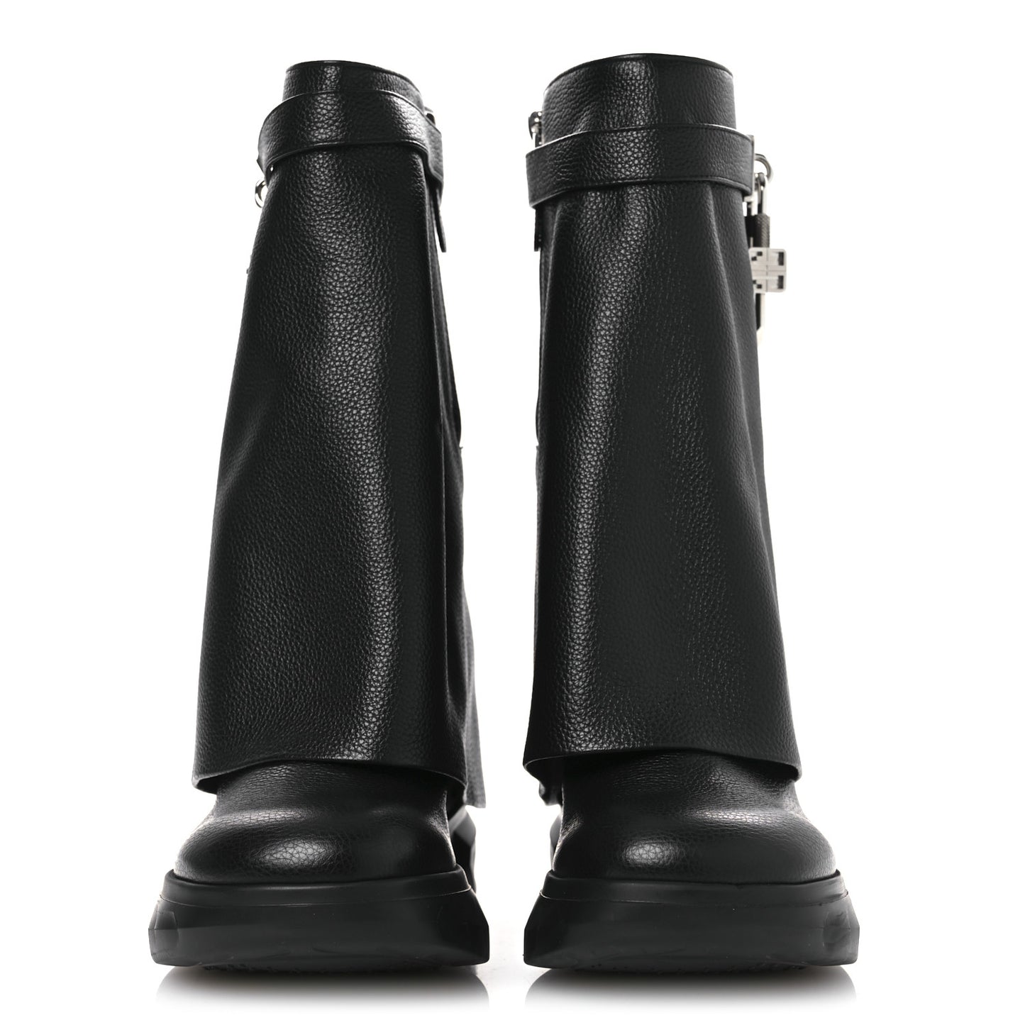 Grained Calfskin Shark Lock Biker Ankle Boots 40 Black