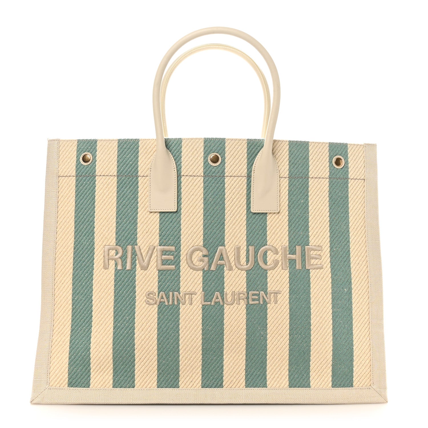 Saint Laurent Cotton Linen Calfskin Striped Rive Gauche Tote Water Green 1 of 10