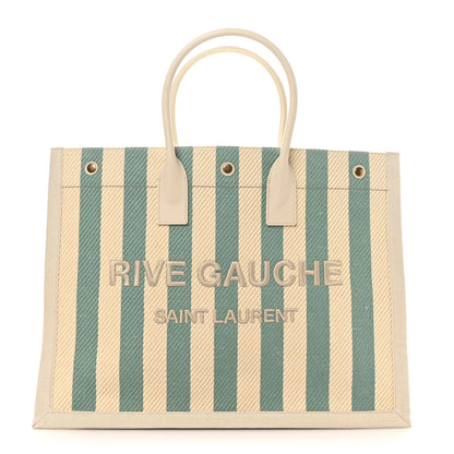 Saint Laurent Cotton Linen Calfskin Striped Rive Gauche Tote Water Green 1 of 10