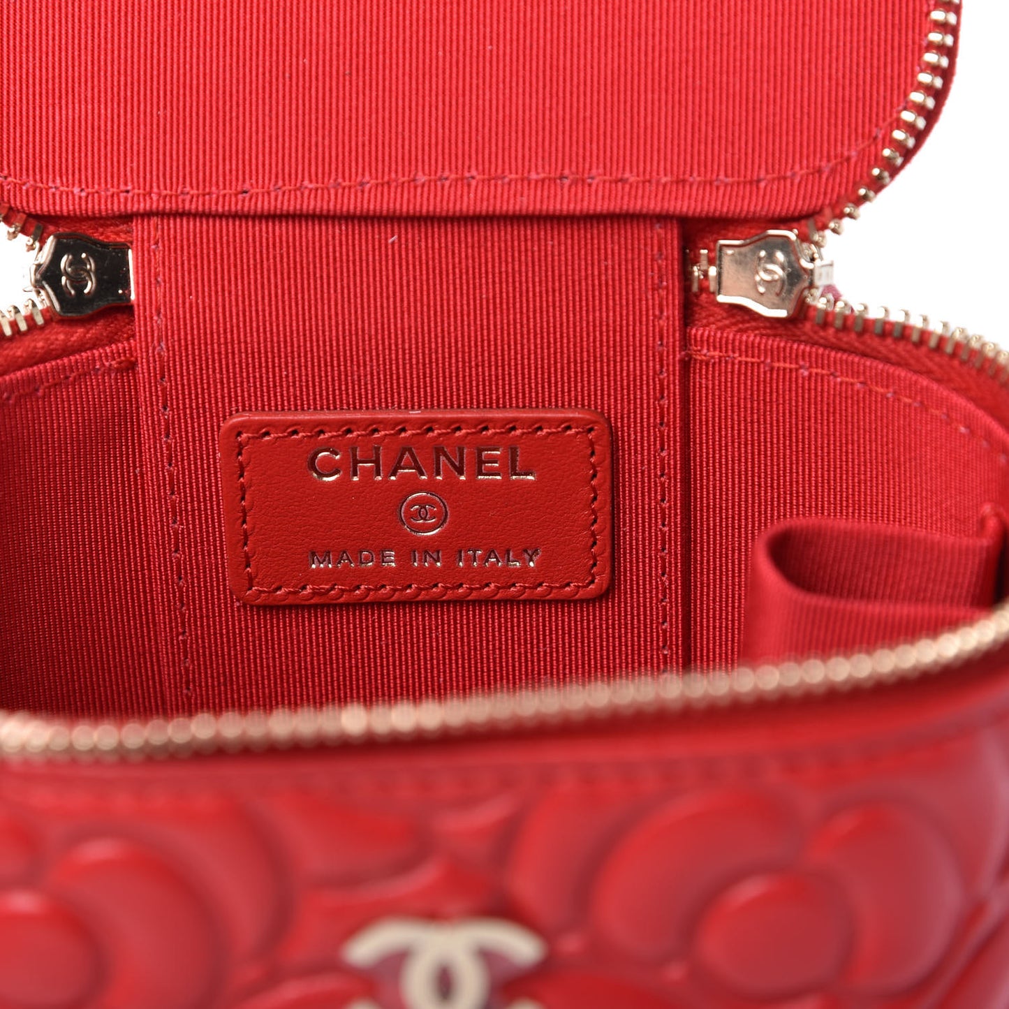 Lambskin Camellia Embossed Mini Vanity Case With Chain Red
