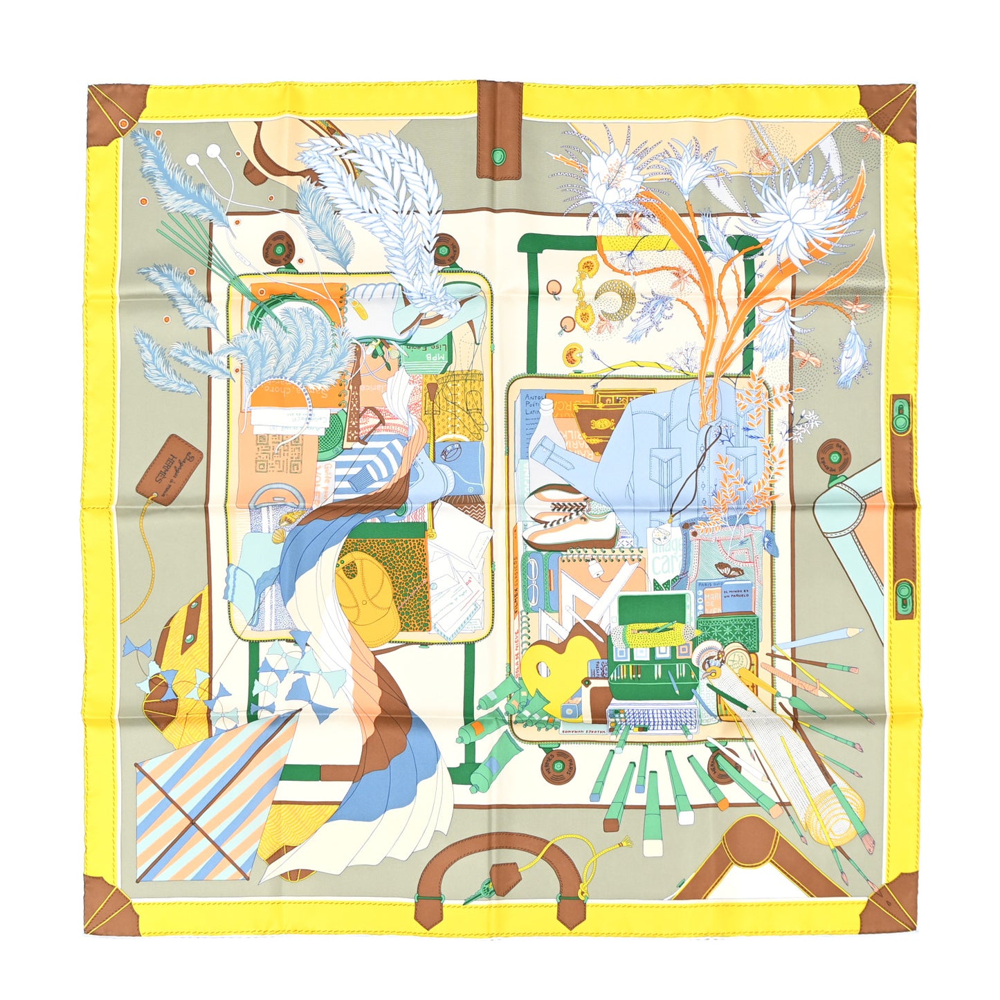 Silk Bagage a Main Scarf 90 Vert Amande Jaune Vif Ciel