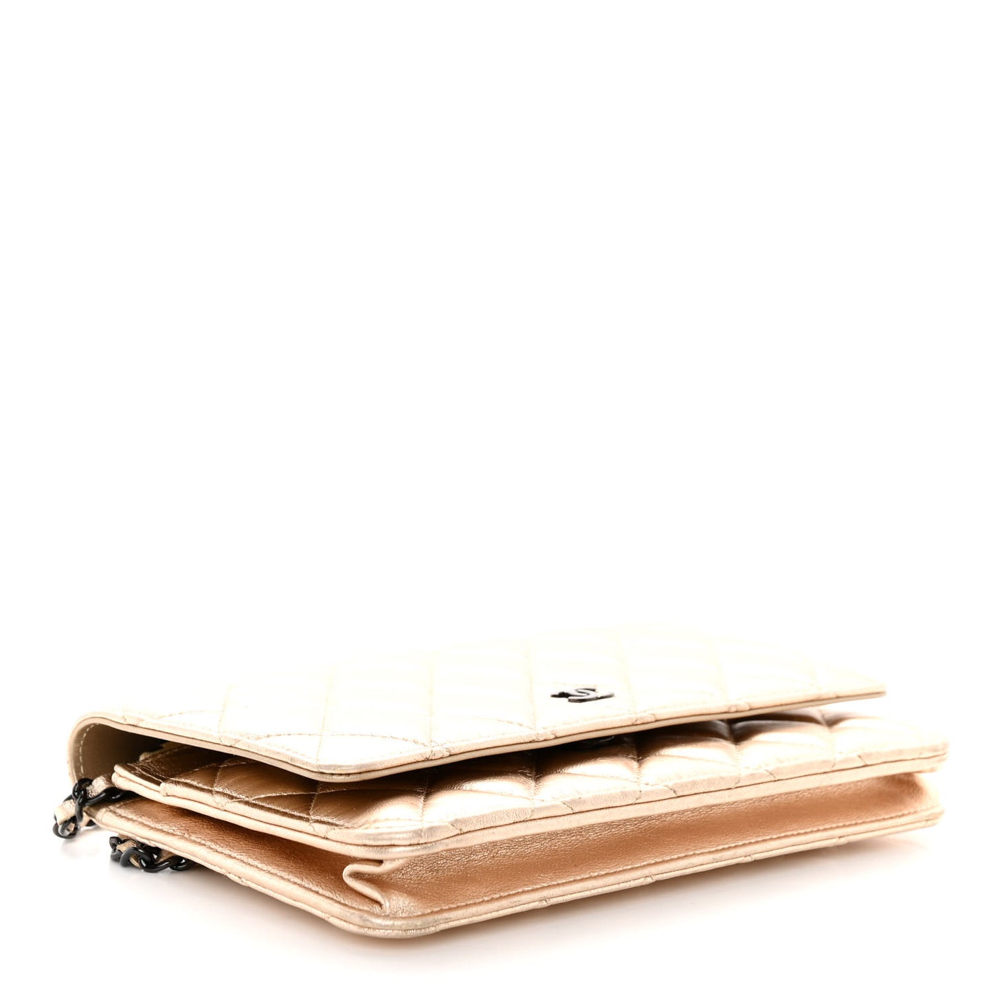 Metallic Lambskin Quilted Wallet On Chain WOC Gold Black