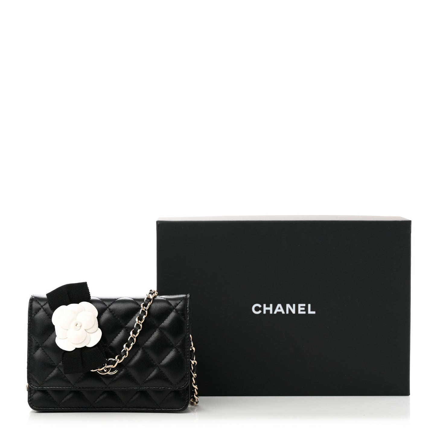 Lambskin Quilted Mini Camellia Bow Wallet On Chain WOC Black