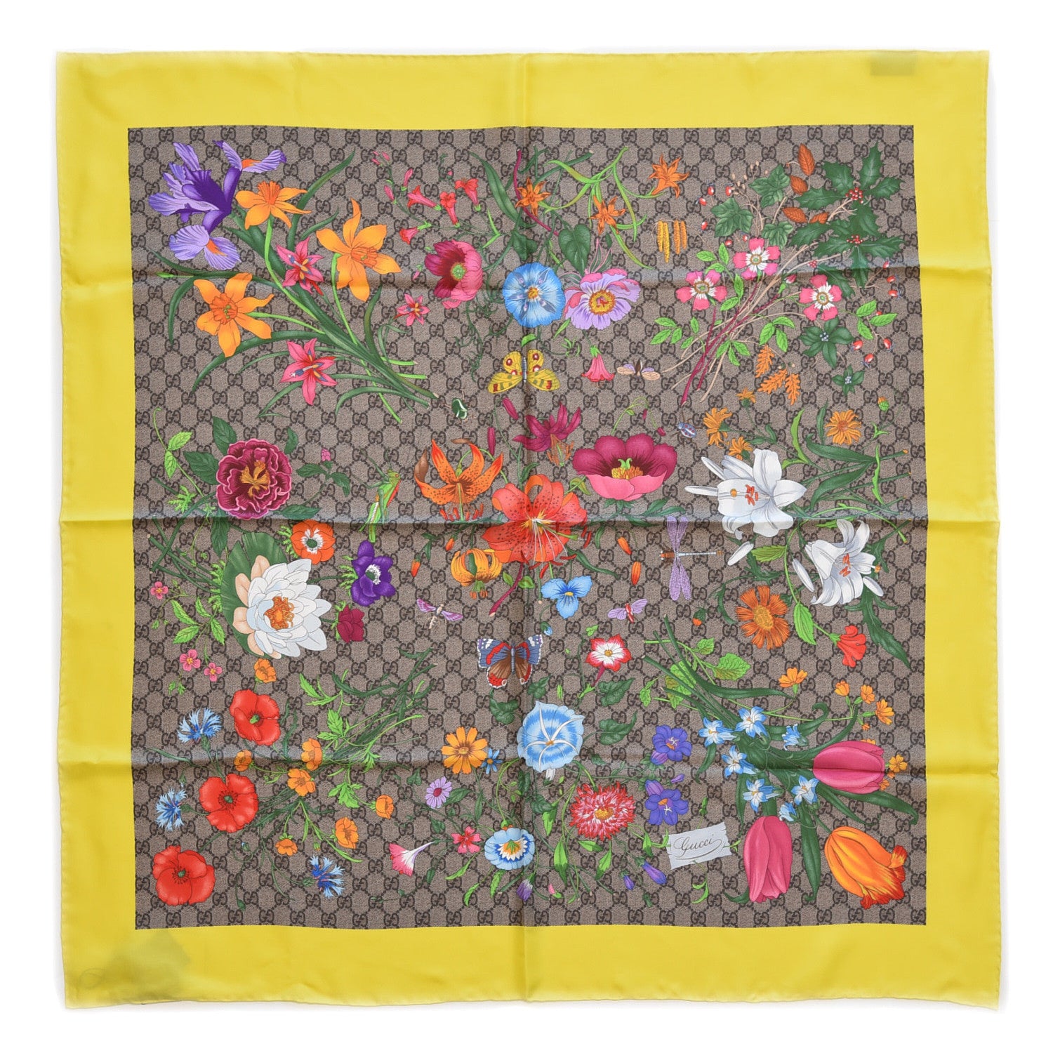 Gucci Silk Twill GG Monogram Flora Fluo GG Square Scarf Beige Yellow 1 of 3