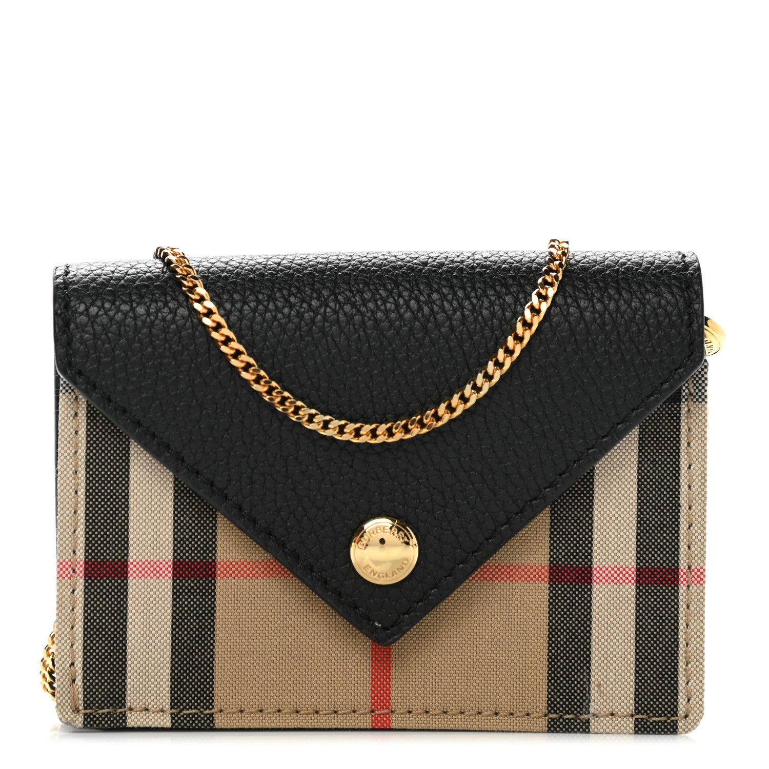 Burberry Grainy Calfskin Vintage Check Jade Card Case On Chain Black 1 of 8