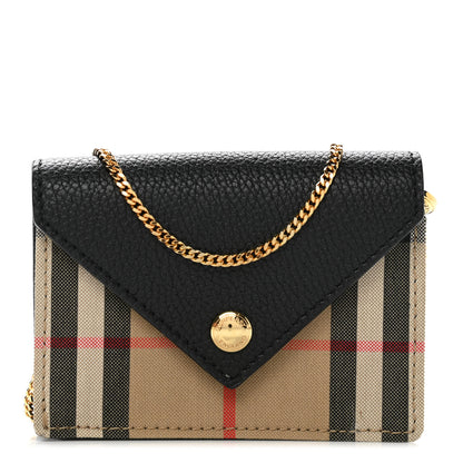 Burberry Grainy Calfskin Vintage Check Jade Card Case On Chain Black 1 of 8