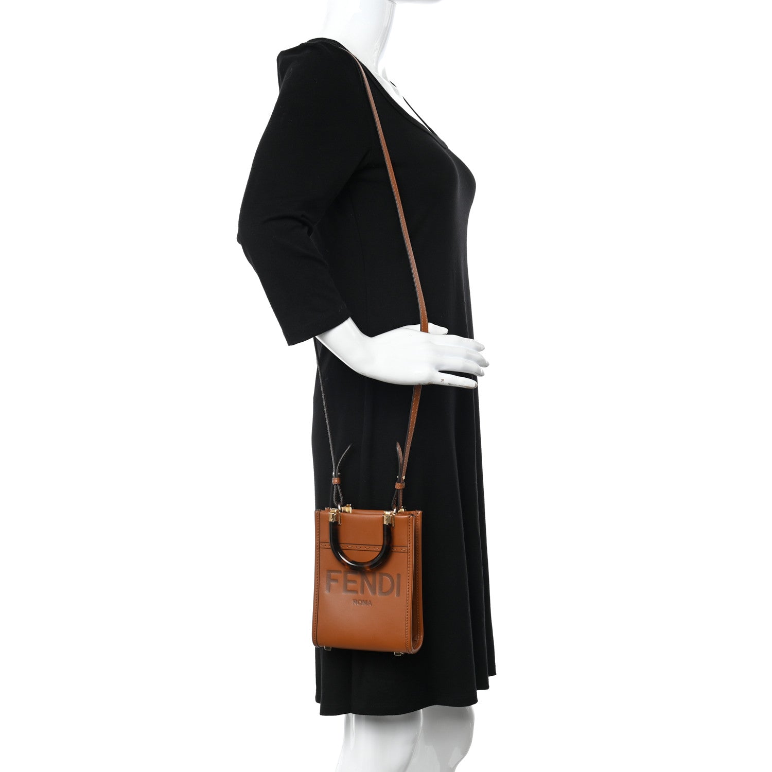 Fendi Vitello King Plexiglass Logo Embossed Mini Fendi Sunshine Shopper Tote Cuoio 2 of 12