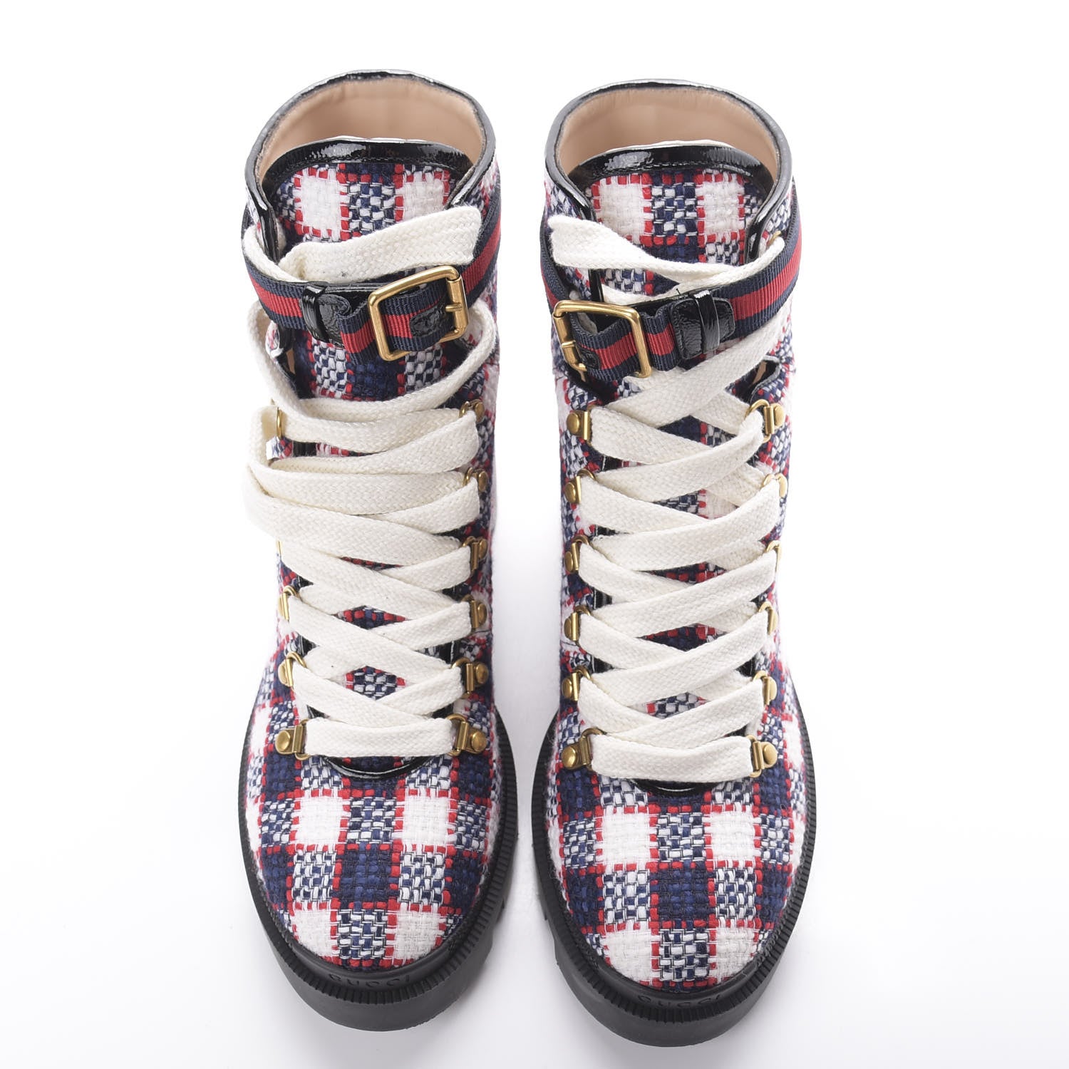 Gucci Vintage Tweed Check Lace Up Combat Ankle Boots 40 White Hibiscus Red Marine 6 of 10