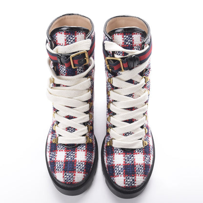 Gucci Vintage Tweed Check Lace Up Combat Ankle Boots 40 White Hibiscus Red Marine 6 of 10