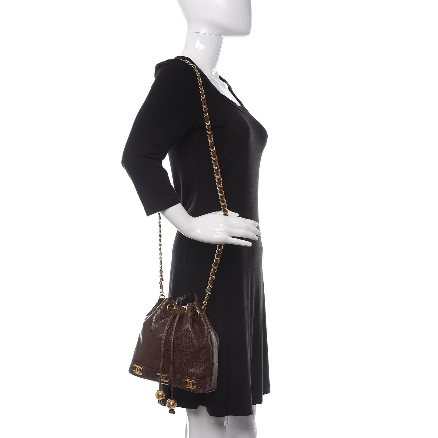 Caviar Drawstring Bucket Bag Brown