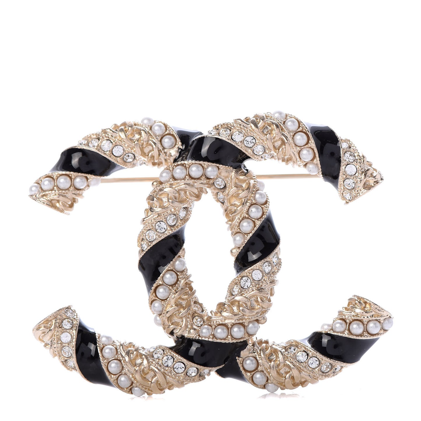 Pearl Crystal Enamel CC Brooch Black Gold