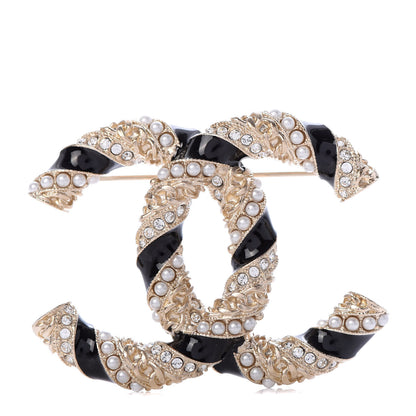 Chanel Pearl Crystal Enamel CC Brooch Black Gold 1 of 5