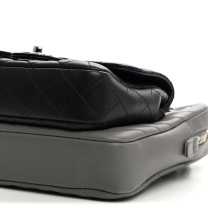 Chanel Calfskin Chevron Quilted Double Camera Bag With Flap Black Black Grey 11 of 12