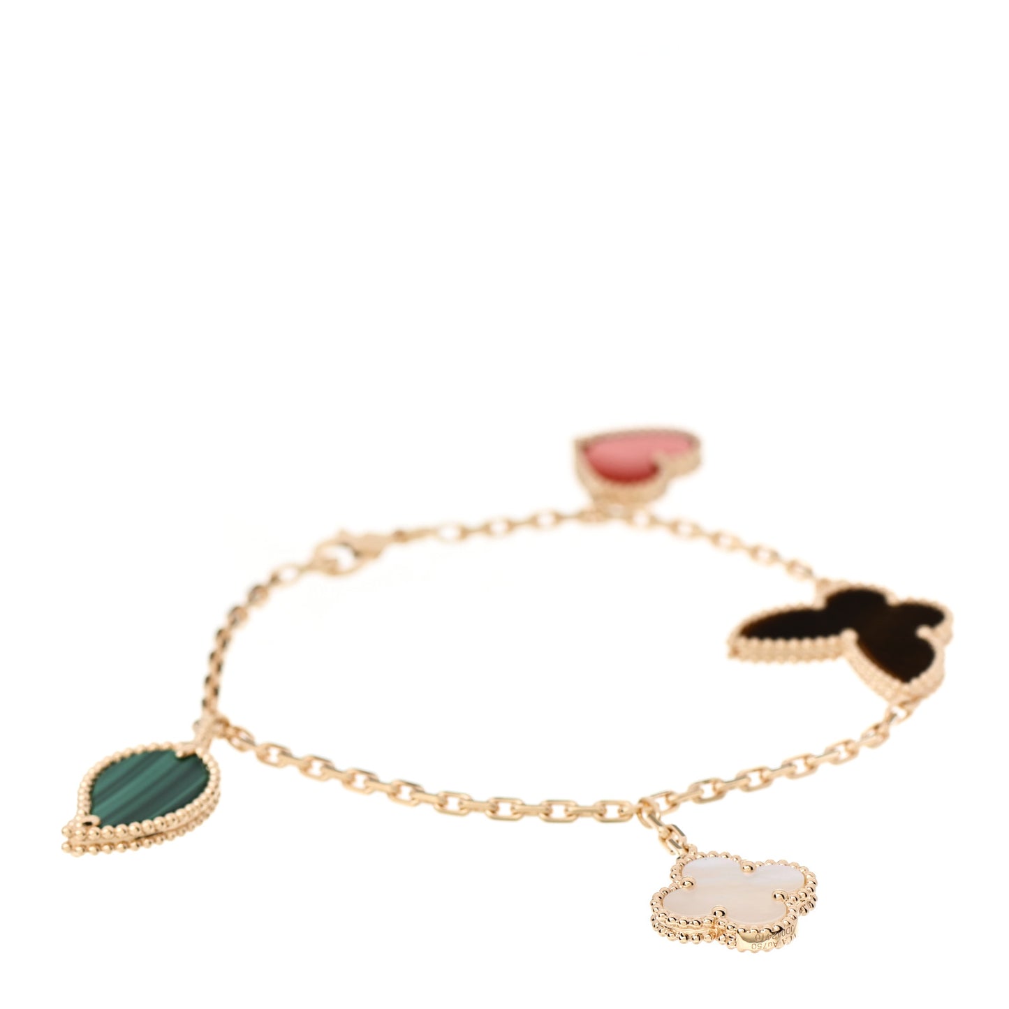 18K Yellow Gold Mother of Pearl Malachite Carnelian Tiger Eye 4 Motifs Lucky Alhambra Bracelet