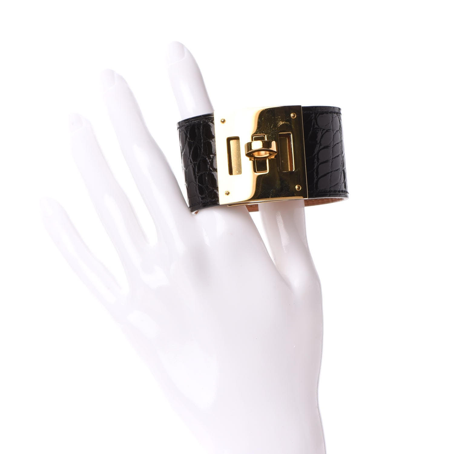 Hermes Shiny Alligator Kelly Dog Cuff Black 2 of 6