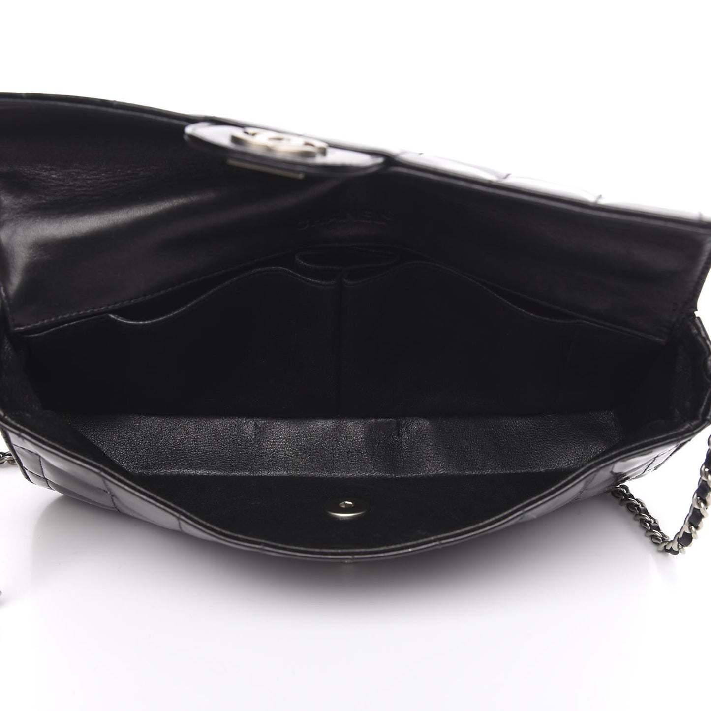 Patent Quilted East West Chocolate Bar Flap Black
