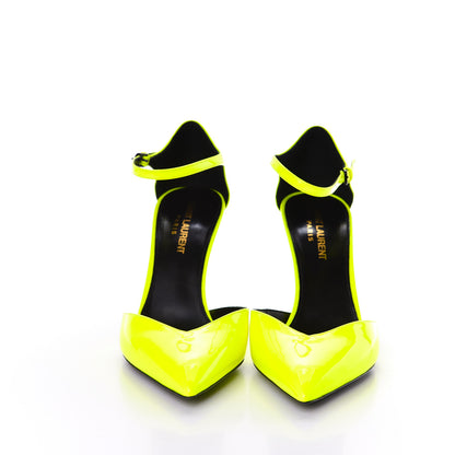 Saint Laurent Patent Anja 85 Ankle Strap Pointed Pumps 37 Fluo Yellow 2 of 9
