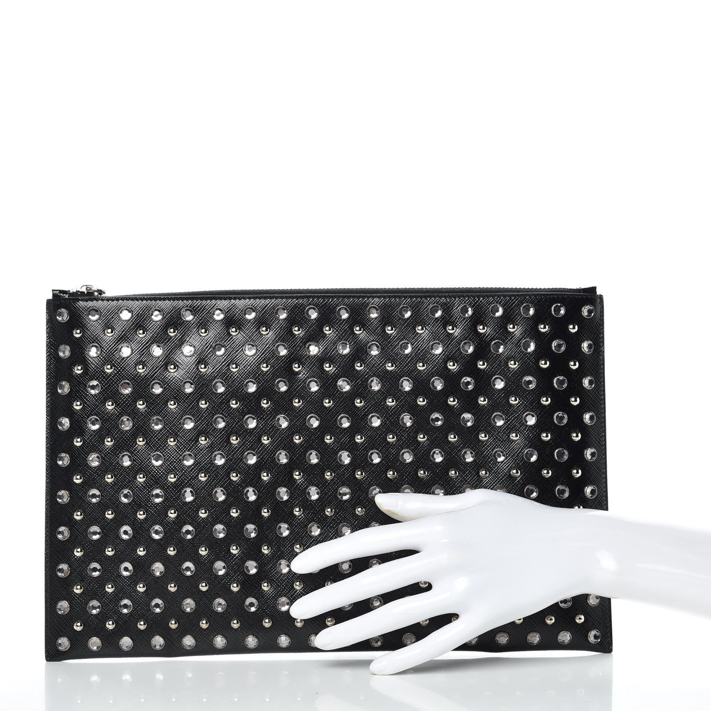Saffiano Vernice Crystal Studded Pouch Black