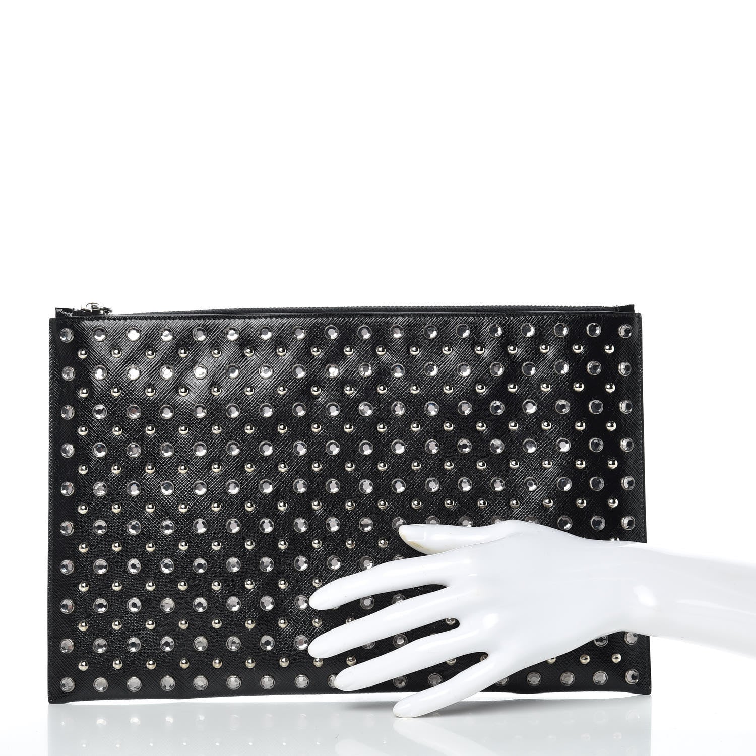Prada Saffiano Vernice Crystal Studded Pouch Black 2 of 12
