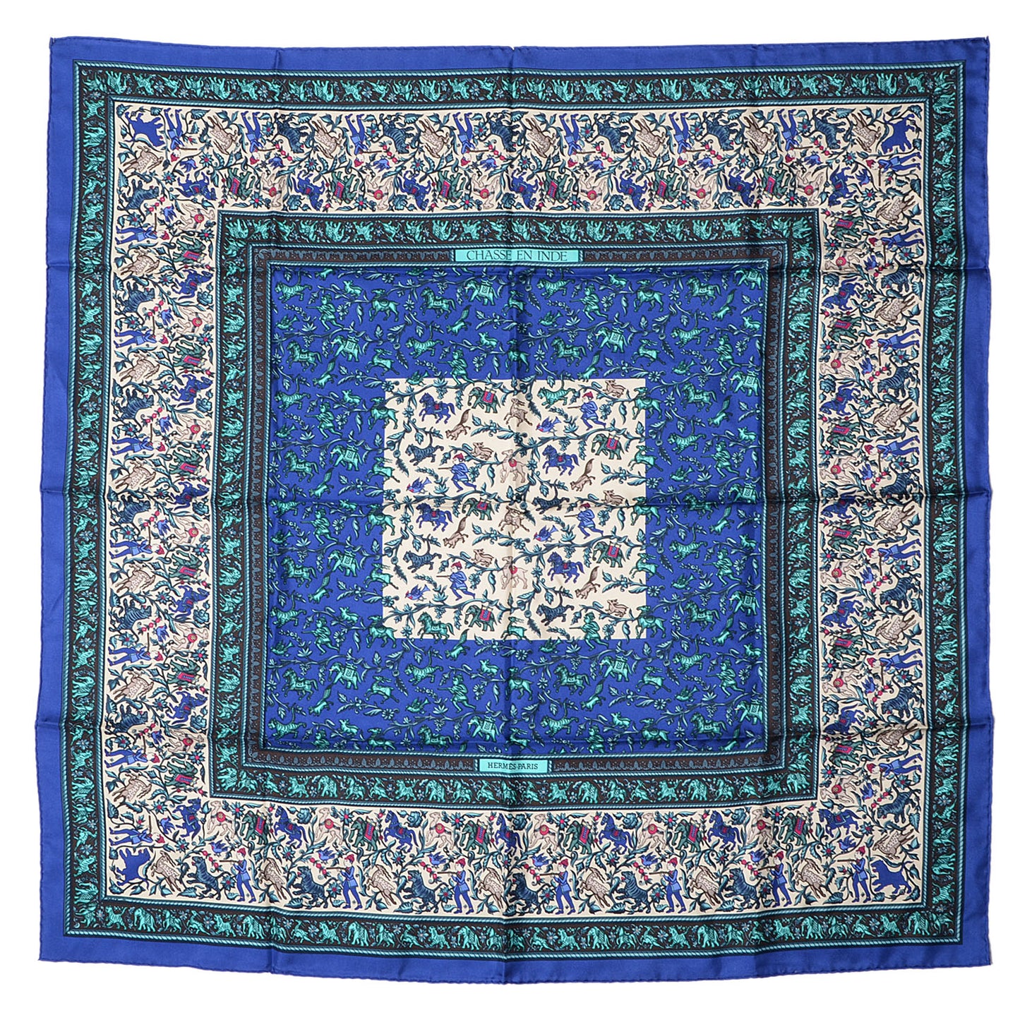 Silk Chasse En Inde Scarf 90 Gris Bleu dur Craie Aqua