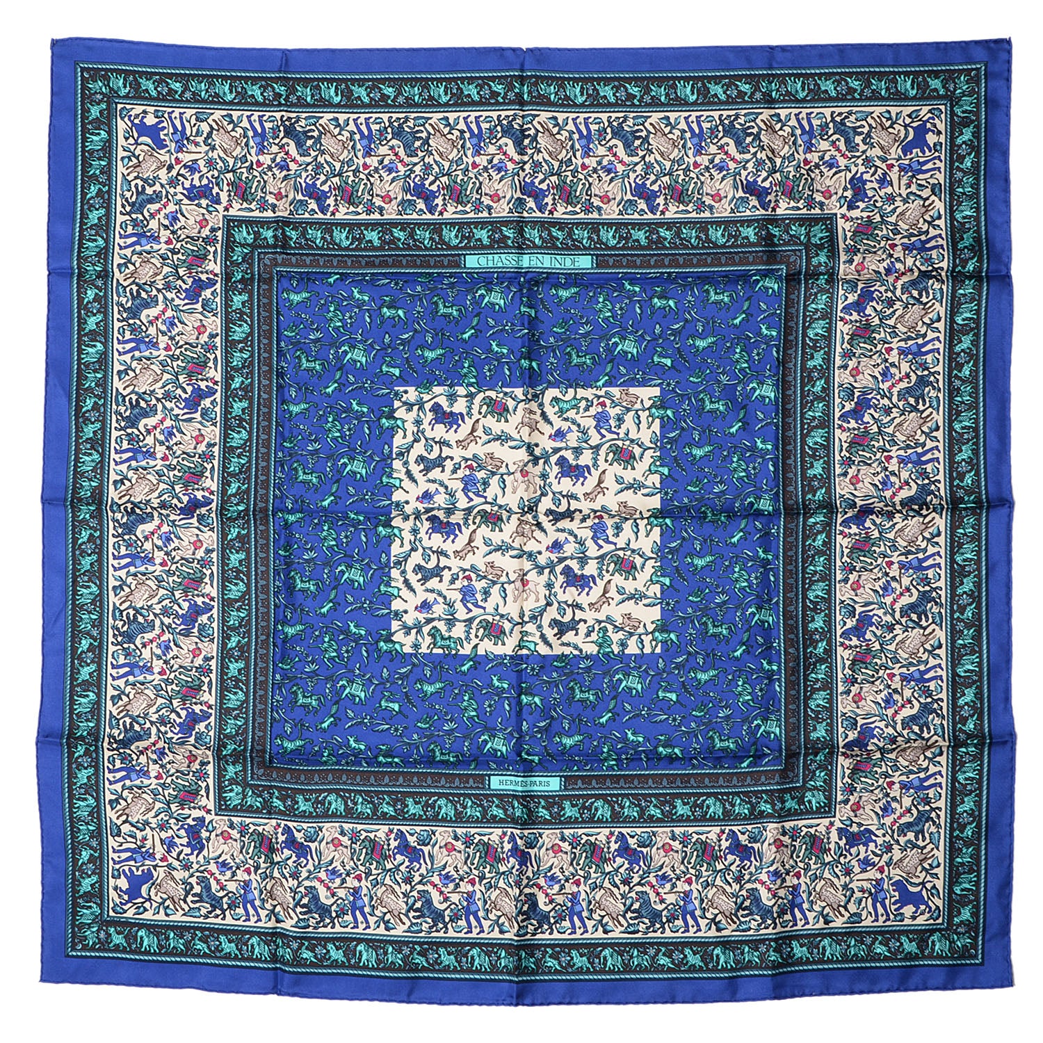 Hermes Silk Chasse En Inde Scarf 90 Gris Bleu dur Craie Aqua 2 of 6