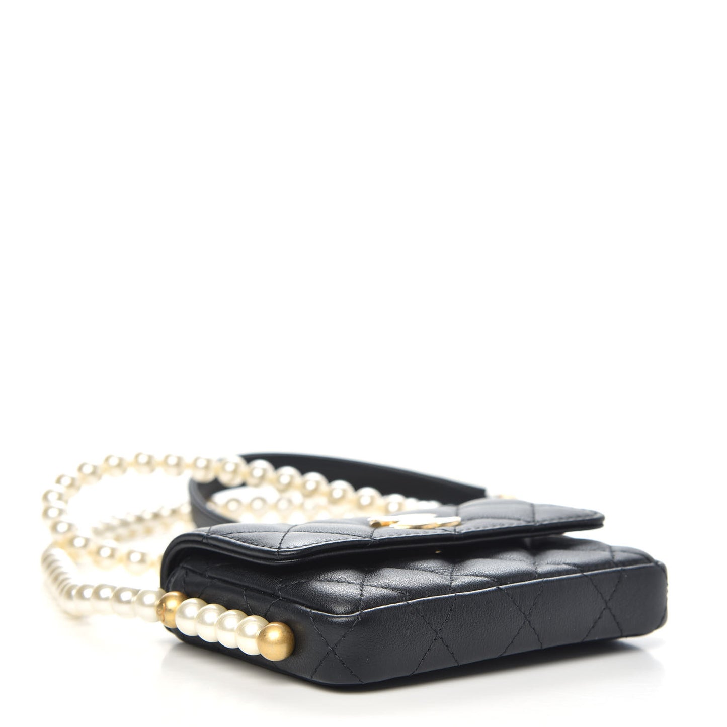 Calfskin Quilted About Pearls Card Holder Flap With Chain Black