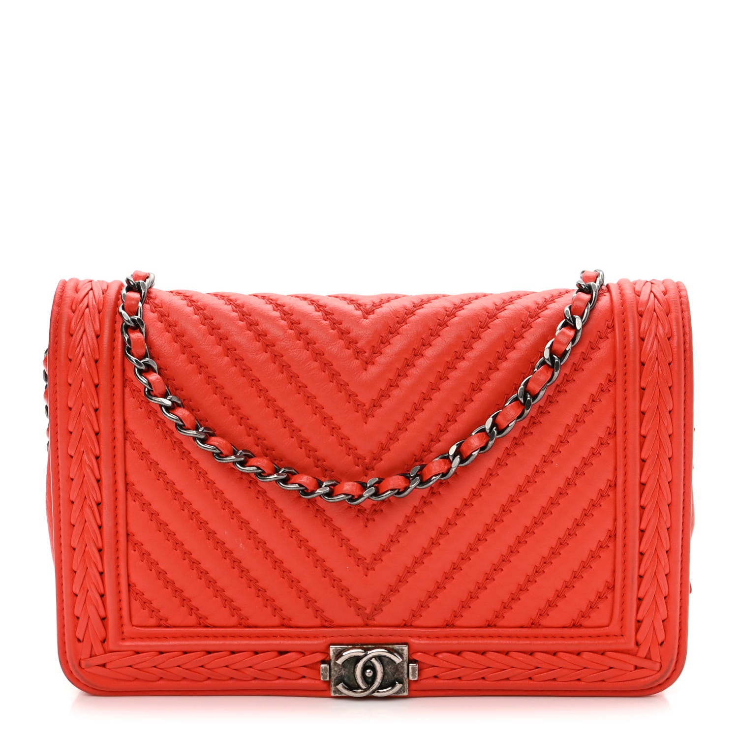 Chanel Calfskin Chevron Quilted Braided Boy Wallet On Chain WOC Orange 1 of 16