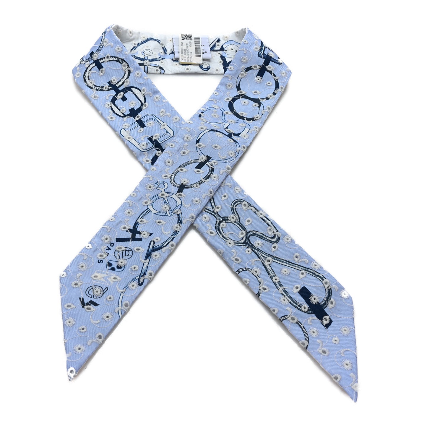 Silk Embroidered Do Re Boucles Broderie Anglaise Twilly  Bleu White Marine