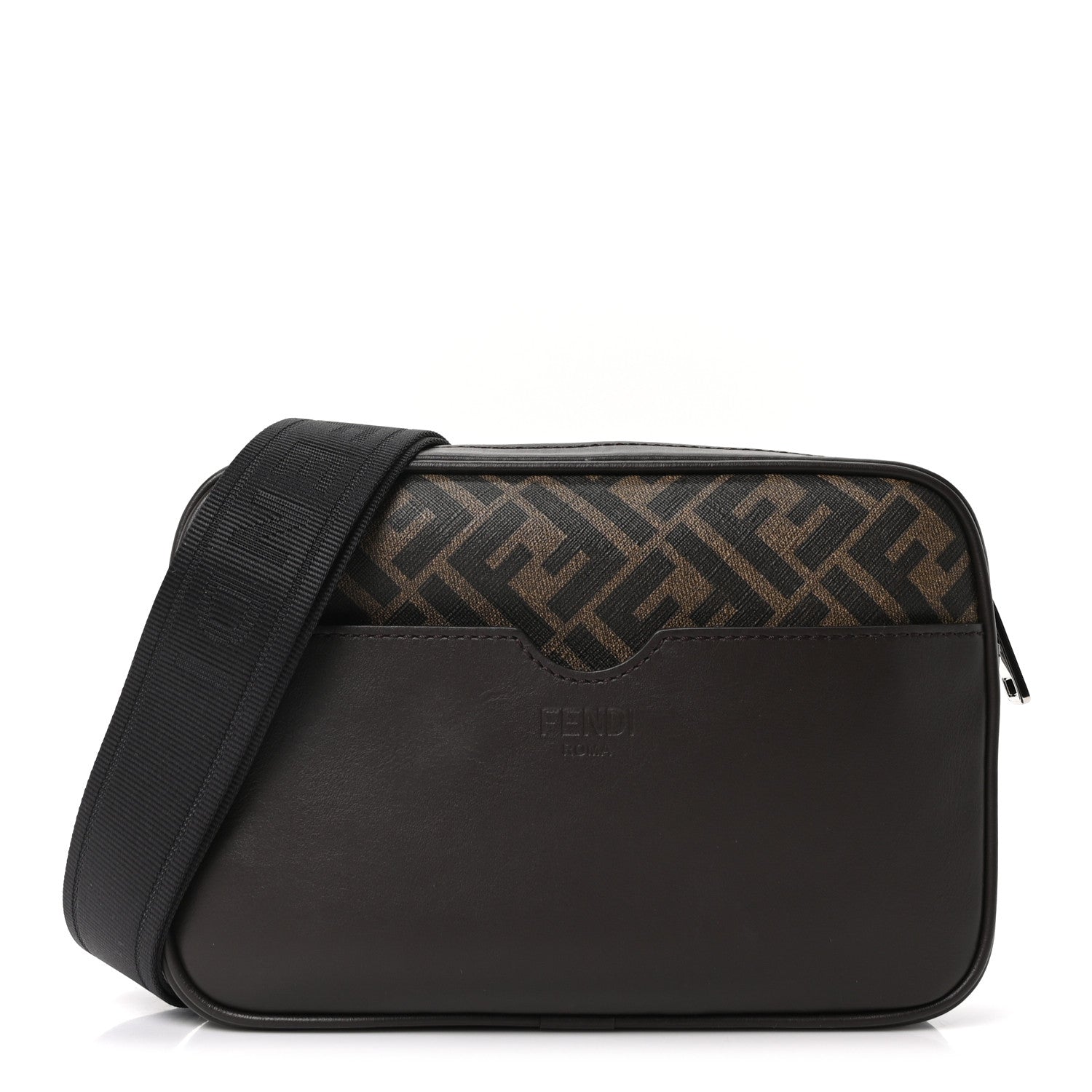 Fendi Shiny Glazed Fabric Vitello Cover FF 1974 Logo Medium Camera Case Tobacco Moro Giallo Ebano 1 of 10