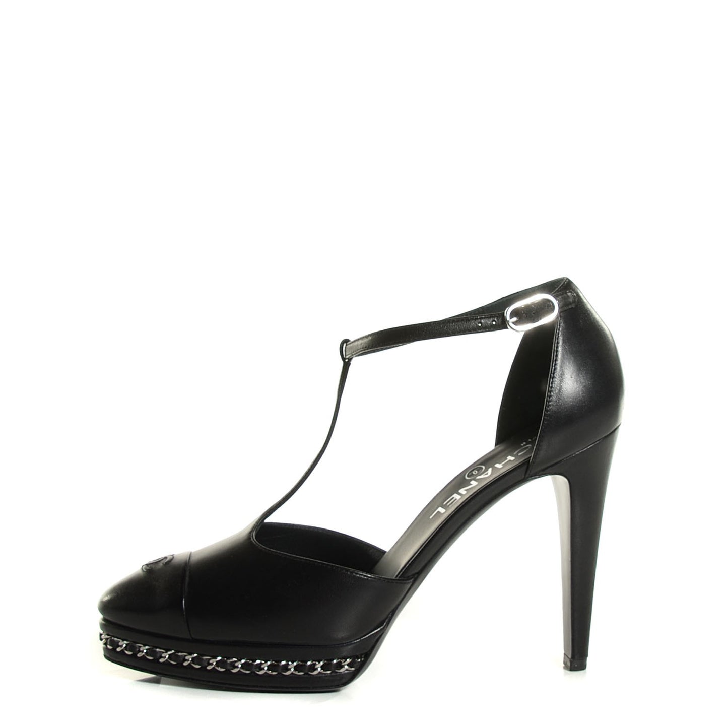Lambskin Chain T Strap Platform Pumps 40 Black