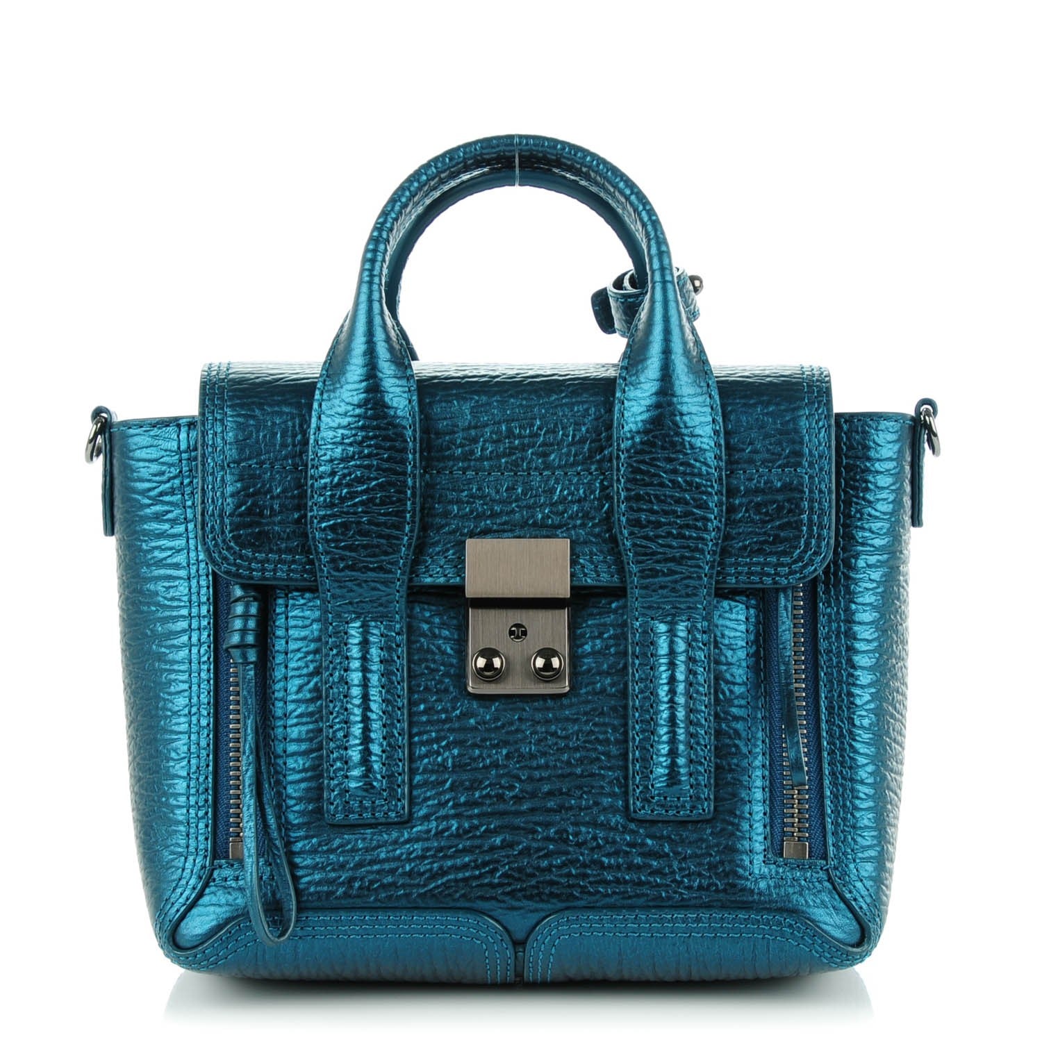 3.1 Phillip Lim 3.1 Metallic Textured Calfskin Mini Pashli Satchel Turquoise 1 of 8