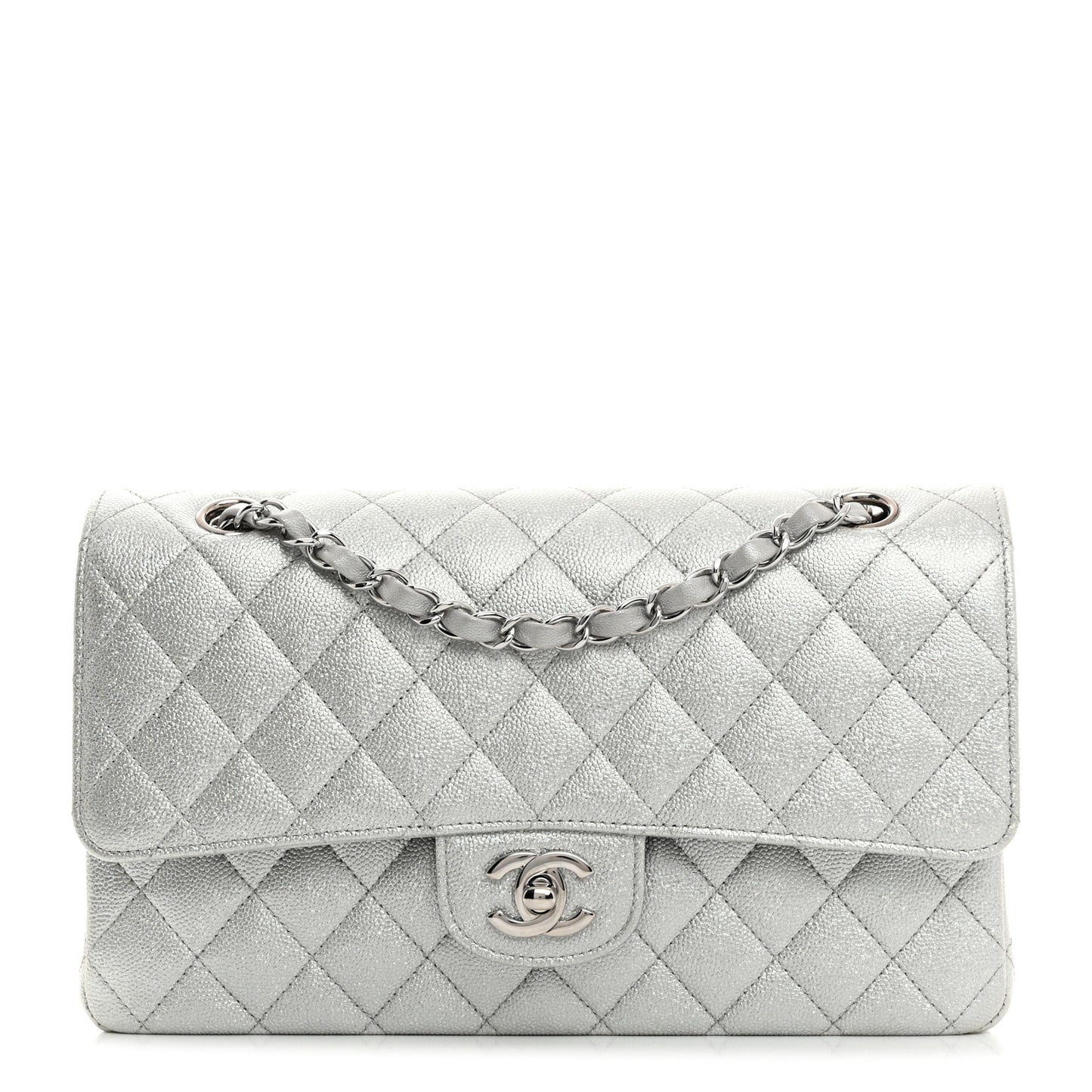 Glittered Metallic Caviar Quilted Medium Double Flap Silver