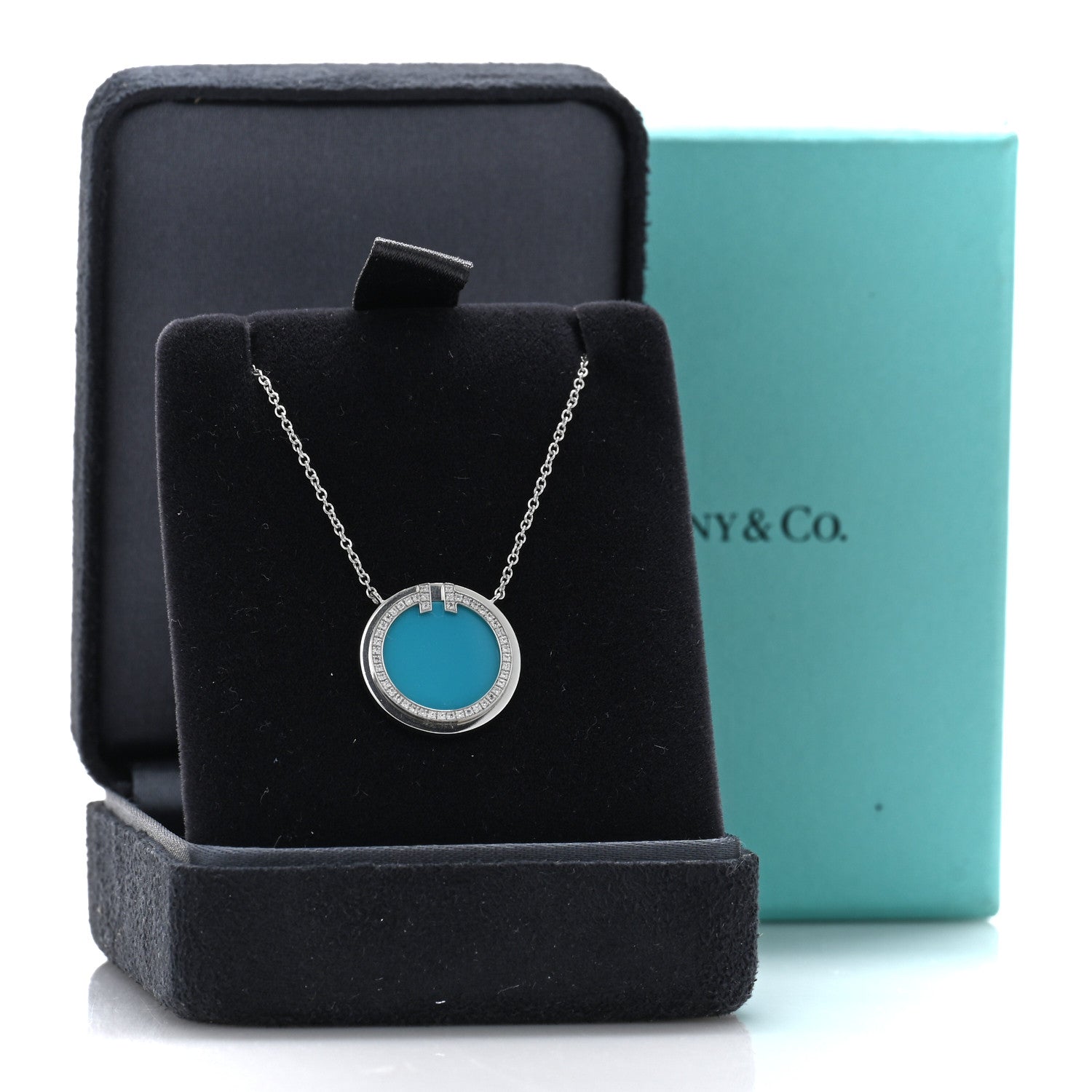 Tiffany 18K White Gold Diamond Turquoise T Circle Pendant Necklace 5 of 5