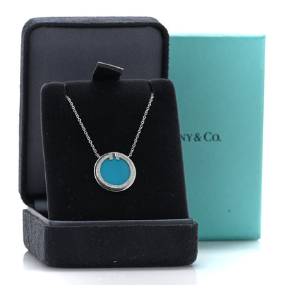 Tiffany 18K White Gold Diamond Turquoise T Circle Pendant Necklace 5 of 5