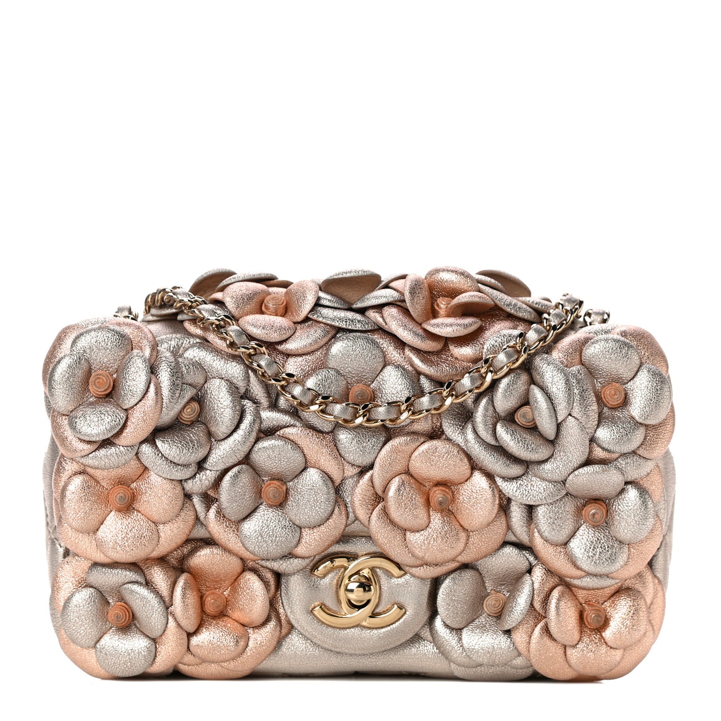 Metallic Lambskin Quilted Mini Camellia Flap Silver Gold