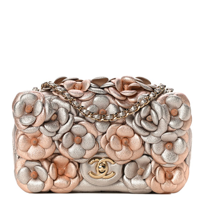 Chanel Metallic Lambskin Quilted Mini Camellia Flap Silver Gold 1 of 12